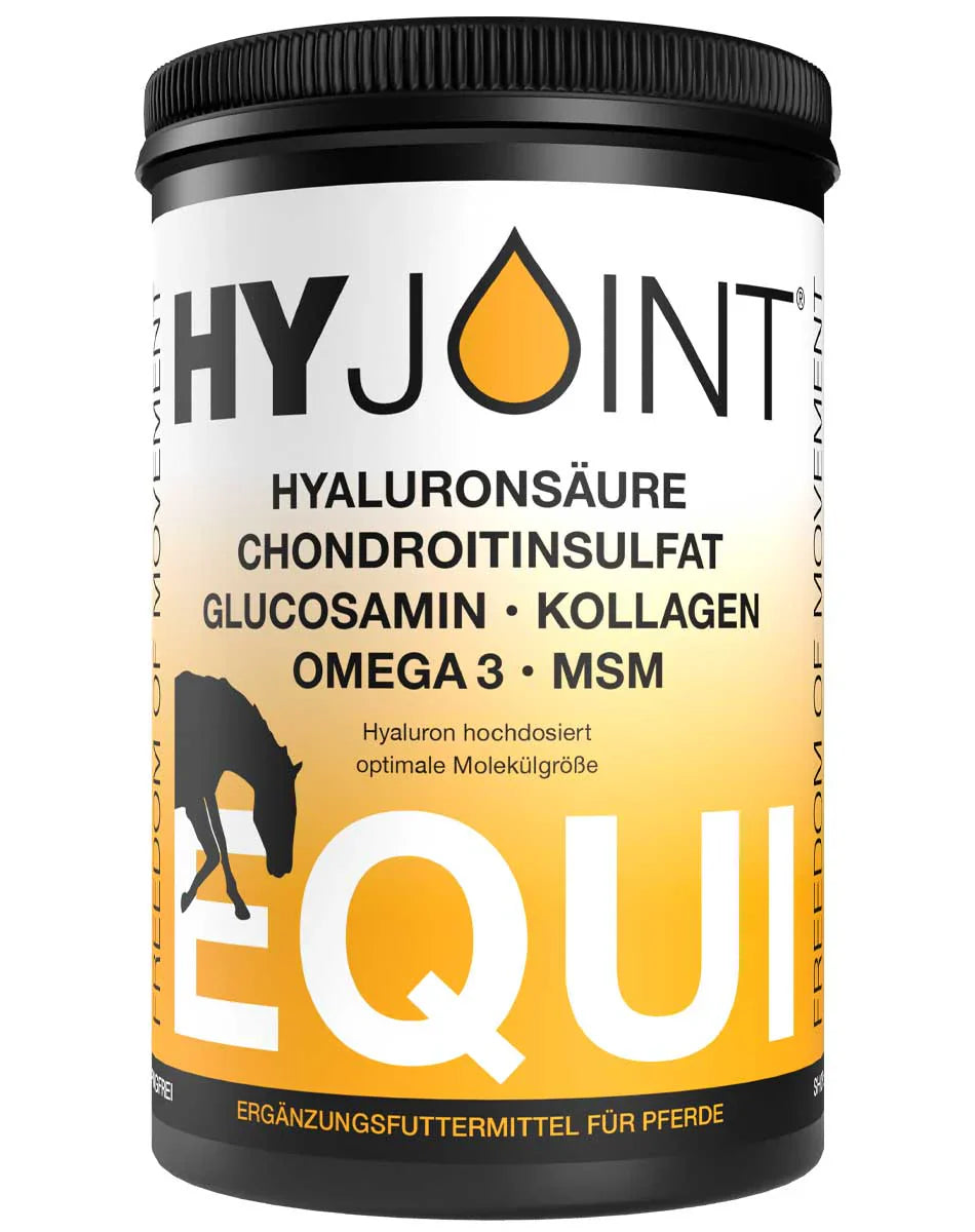 Hyaluron Pferd füttern_ Produktbild von HY JOINT® EQUI Pellets – Ergänzungsfutter für Pferde zur Unterstützung von Gelenken, Sehnen und Beweglichkeit, mit MSM, Glucosamin und Chondroitin.