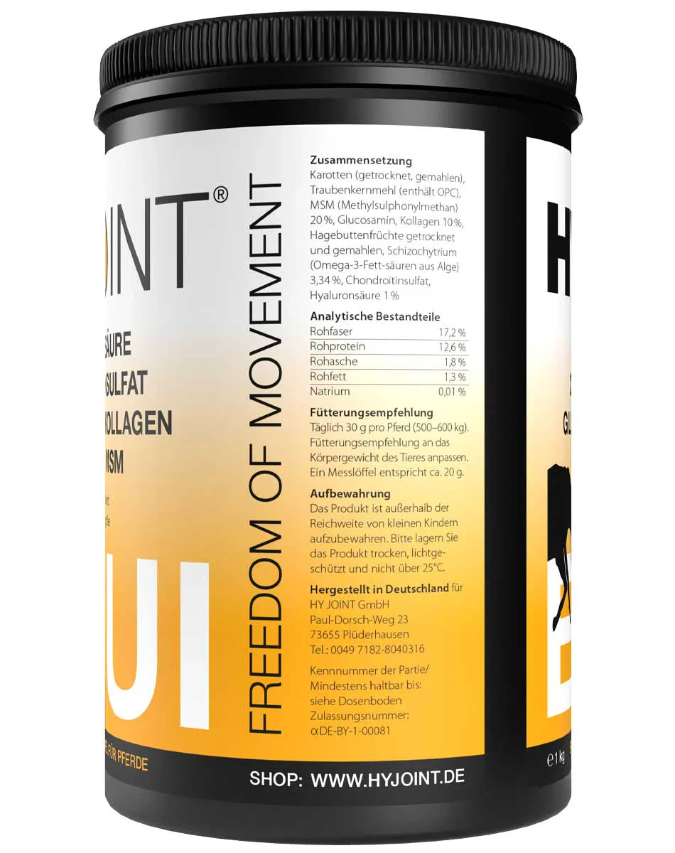 Hyaluron Pferd füttern_ Produktbild von HY JOINT® EQUI Pellets – Ergänzungsfutter für Pferde zur Unterstützung von Gelenken, Sehnen und Beweglichkeit, mit MSM, Glucosamin und Chondroitin.